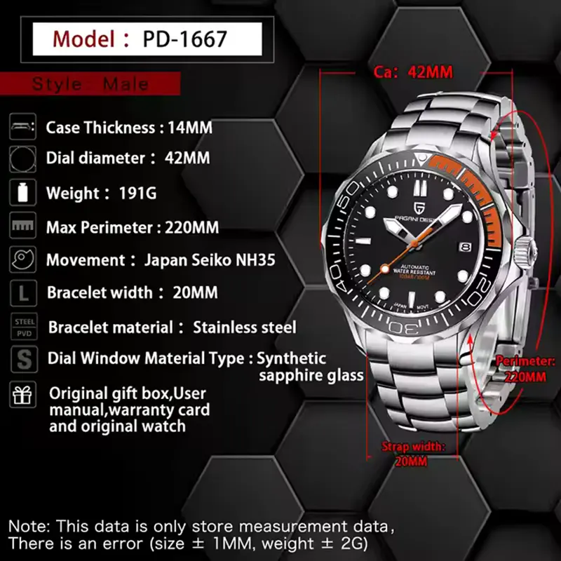 Pagani Design '007' James Bond Black & Orange Bezel Men's Watch-  PD-1667